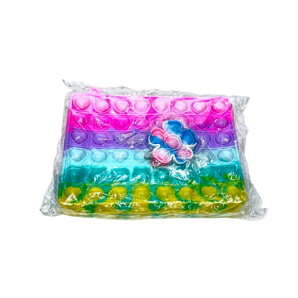 Girl’s Neon Rainbow Silicone Fidget Pop Purse W/ Strap & Flower Accessory Nwt
